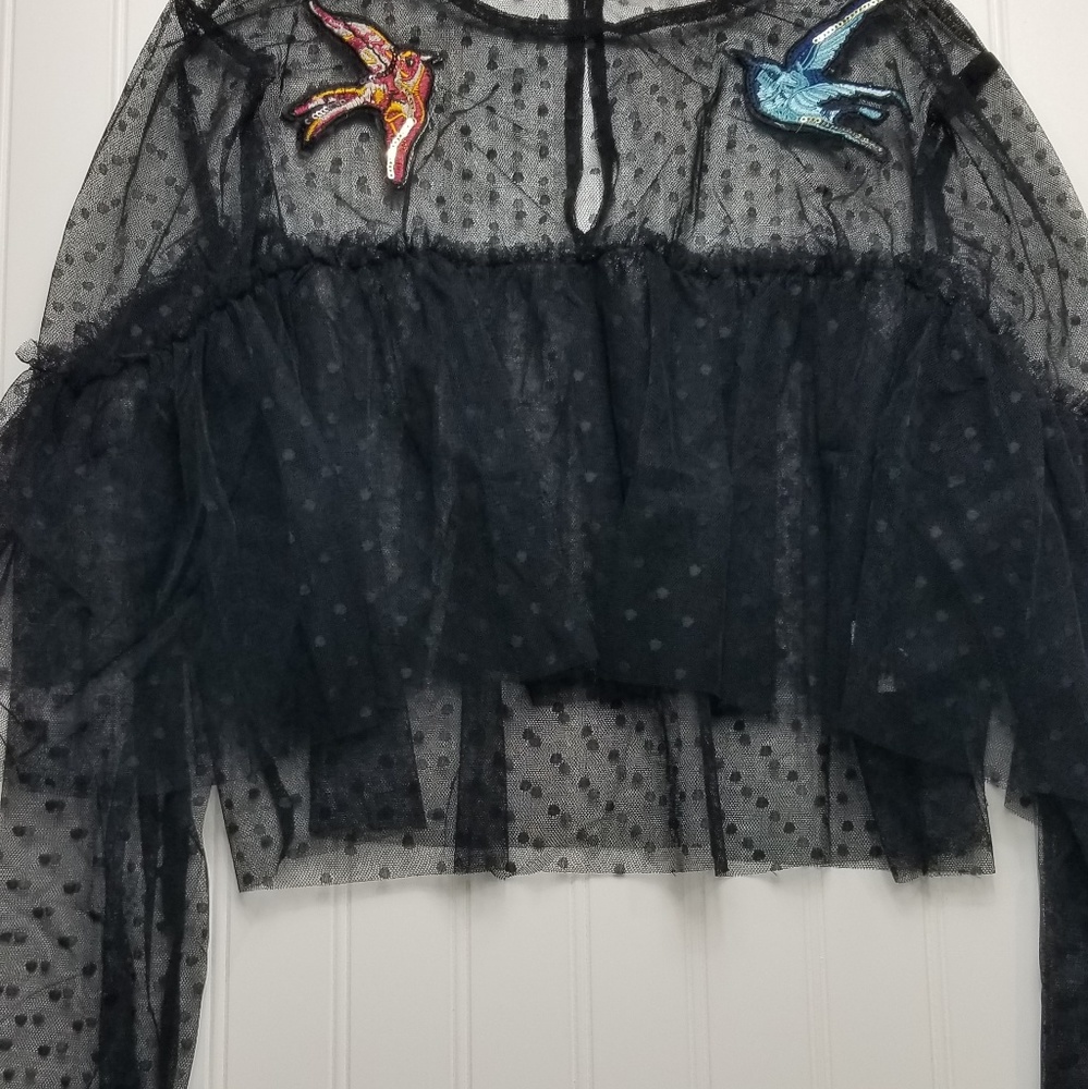 Bird Ruffle Polka Crop Top Black See Through Shirt - Picture 3 of 6